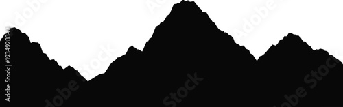 Mountain peaks silhouette isolated on white background, black panoramic alpine landscape skyline illustration for travel, hiking adventure, wilderness and outdoor design projects
