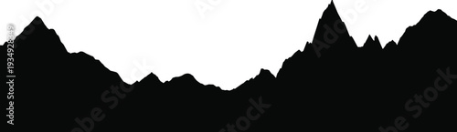 Mountain landscape silhouette isolated on white background, panoramic black skyline of peaks and hills, nature horizon illustration for travel, adventure and outdoor design