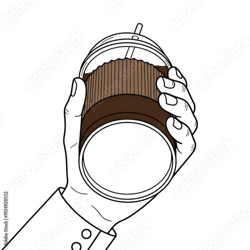 hand holding iced coffee cup minimalist line art takeaway drink illustration