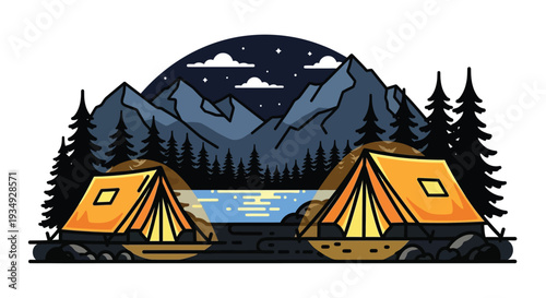 Vector illustration of a serene nighttime camping scene with two tents by a reflective lake, surrounded by pine trees and majestic mountains under a starry sky.
