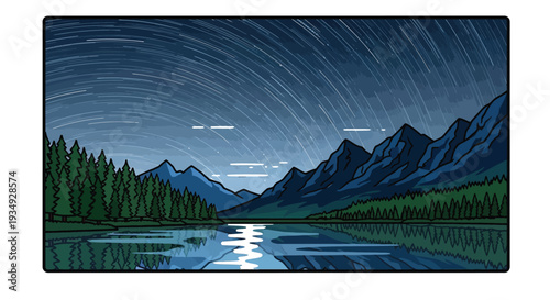 Stylized night landscape with star trails over a serene mountain lake surrounded by dense pine forests, reflecting the moonlit sky.