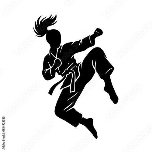 female martial artist jumping kick silhouette karate fighter action vector isolated on white background
