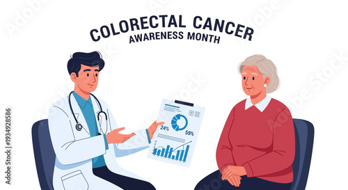 Illustration of a doctor discussing a pie chart and bar graph with a patient for Colorectal Cancer Awareness Month in a clinical setting with blue accents.