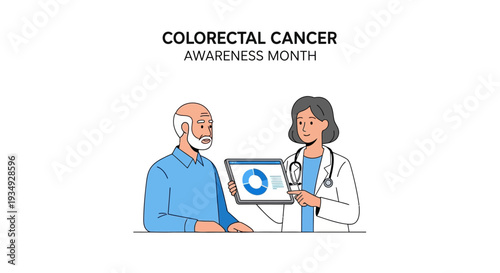 Illustration of a doctor discussing a colonoscopy with a patient for Colorectal Cancer Awareness Month against a clean white background.