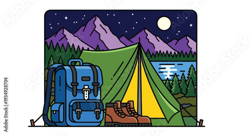 Vibrant illustration of a nighttime camping scene with a tent, backpack, and hiking boots by a lake under a starry sky and moonlit mountains.