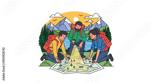 Three hikers with backpacks planning their route on a map in a scenic mountain and lake landscape at sunset.