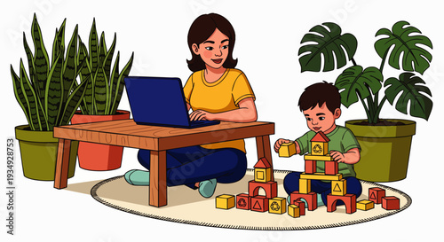 Mother working remotely on laptop while her young child plays with wooden blocks at home, illustrating modern work-life balance and flexible parenting.