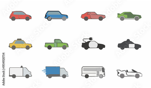 Flat Car Icon Set Vector Collection with Electric SUV Truck Taxi and Automotive Symbols
