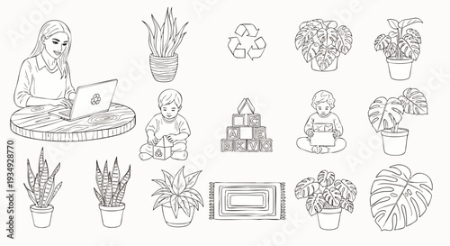 Line art vector collection of home and lifestyle elements: woman on laptop, potted plants, playing children, and eco-friendly symbols.
