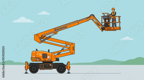 Articulated Boom Lift with Worker on Construction Site