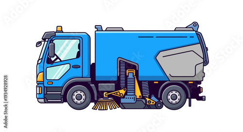 Blue street sweeper truck illustration with brushes and water tank