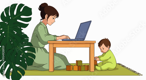 Mother working on laptop while baby plays with blocks, balancing work and family life at home