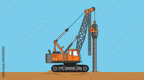 Construction crane driving pile into ground, heavy machinery, industrial concept