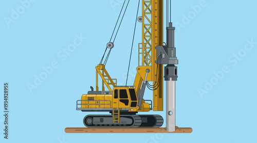 Construction pile driver machine on blue background