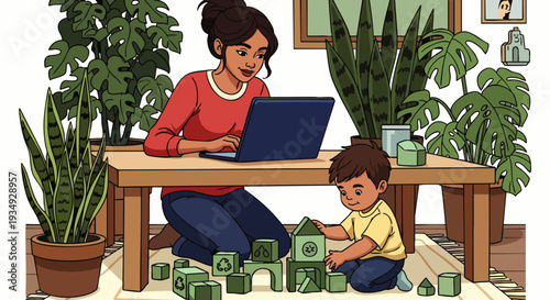 Mother working on laptop while child plays with building blocks at home surrounded by houseplants, illustration