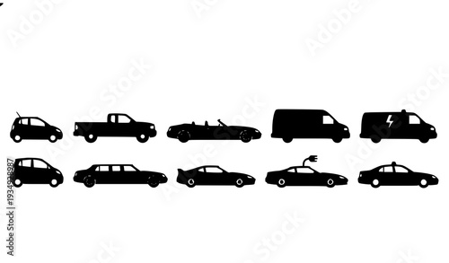 Car Silhouette Icon Set Vector with Sedan SUV Pickup Sports and Electric Vehicle Collection