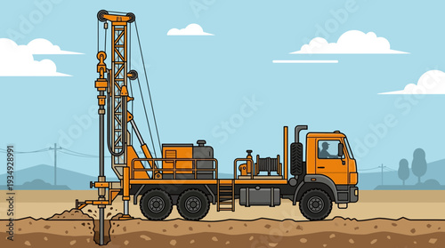 Drilling rig truck on construction site, digging deep into the ground