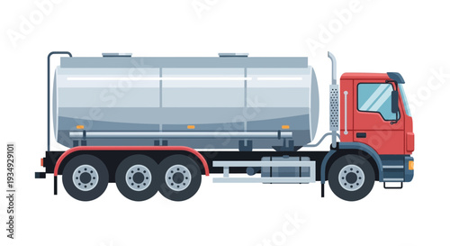 Red tanker truck for liquid transport, isolated on white background