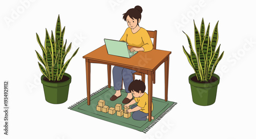 Woman working remotely on laptop at home, with her child playing under the table, depicting the realities of modern family work-life balance.