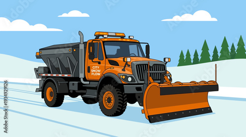 Snow plow truck clearing road in winter landscape