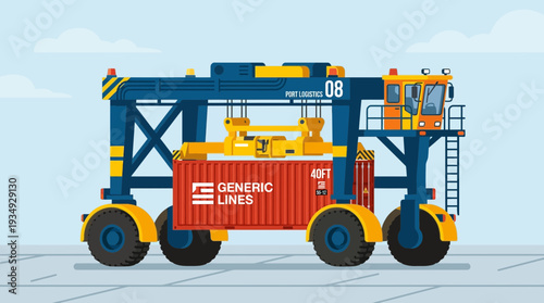 Straddle Carrier Lifting Shipping Container at Port