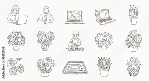 Cozy hand-drawn sketch collection of daily life elements: people working on laptops, diverse potted houseplants, children playing, and home decor items.