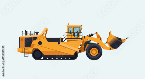 Yellow construction scraper machine on light blue background isolated