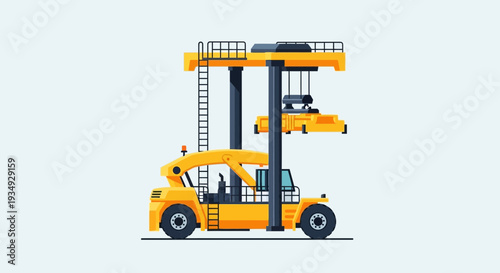 Yellow container handler forklift lifting cargo in logistics port, flat design