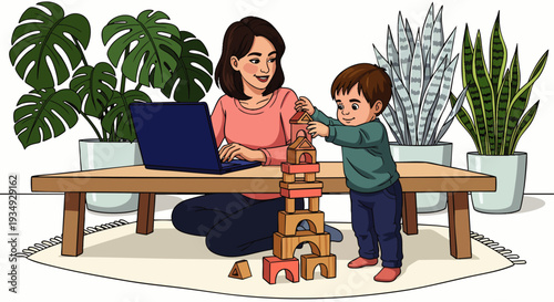 Smiling mother working remotely on laptop at home, child playing with blocks. Depicts work-life balance, parenting, and home office environment.