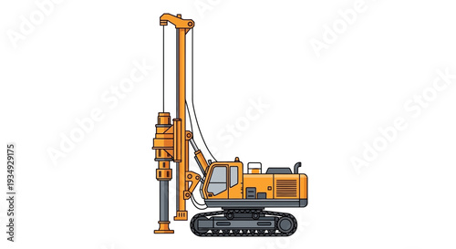 Yellow drilling rig on tracks, construction machinery isolated on white background