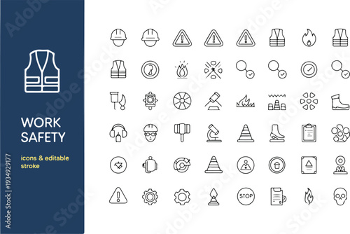 Work safety and industrial occupational health icons set with editable stroke line art for construction site security protection,