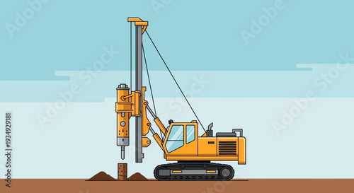Yellow drilling rig machine on construction site, flat design illustration