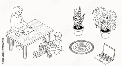 Isometric line art illustration: Mother working from home on laptop, child playing with blocks. Remote work, flexible parenting, modern family life balance.