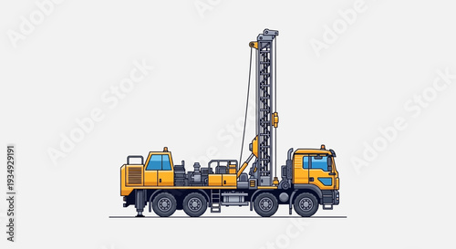 Yellow drilling rig truck on white background