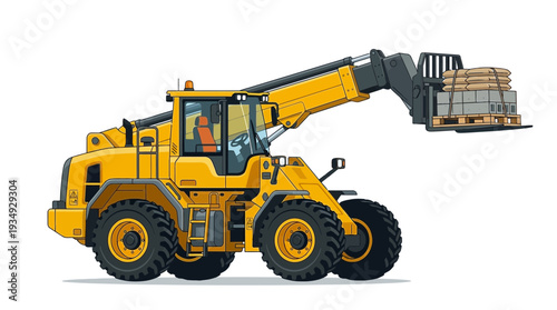 Yellow telehandler lifting pallet with sacks on white background