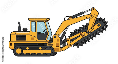 Yellow trencher digging machine with caterpillar tracks and rotating cutting wheel