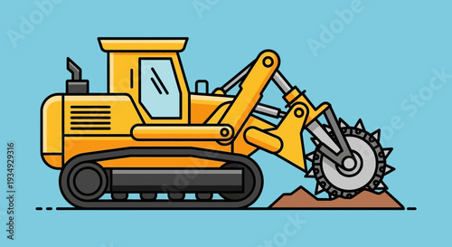 Yellow tracked trencher digging a trench in dirt, flat illustration