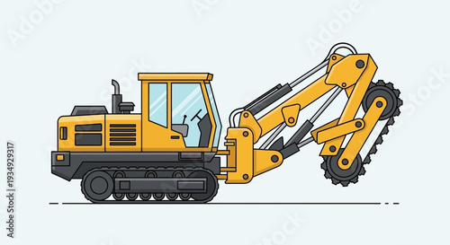 Yellow tracked trencher digging machine illustration