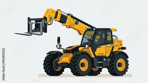Yellow telescopic loader with fork attachment, construction equipment illustration