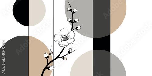 Abstract floral illustration with circular patterns in beige, black, and grey tones