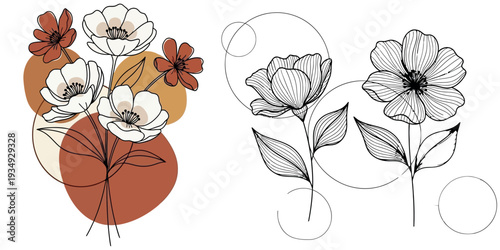 Elegant abstract botanical line art illustration set featuring delicate floral designs with warm earthy tones and modern graphic elements, ideal for creative projects