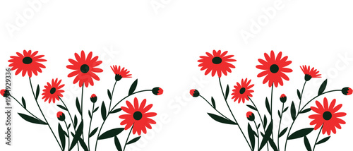 Vibrant Red Floral Illustration with Delicate Green Stems Against a White Background