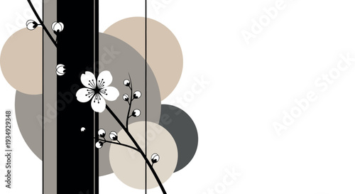 Abstract Cherry Blossom Branch with Geometric Circles in Warm Tones on White Background