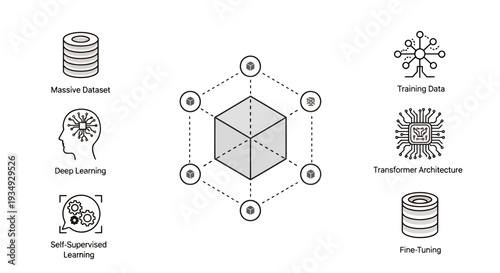 Conceptual diagram of artificial intelligence and machine learning with a 3D cube and network connectivity.