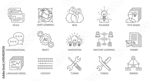 Assorted monochrome line icons featuring everyday symbols, tools, and objects for design use.