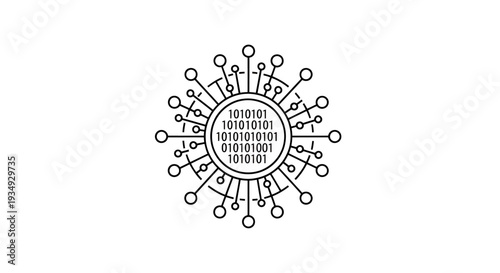 Abstract digital virus icon with radial network of data and binary symbols.