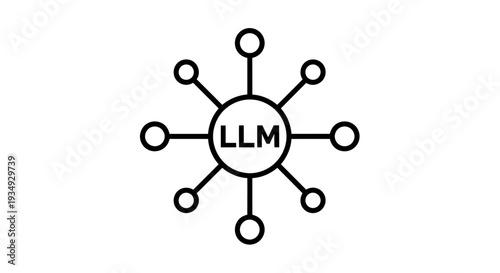 Abstract network diagram illustrating a central LLM concept with connected nodes and spokes.