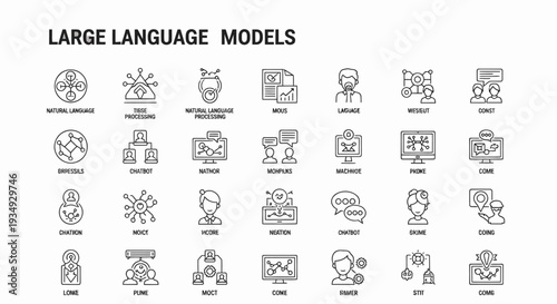 Gallery of Large Language Models icons illustrating various AI concepts and interfaces.