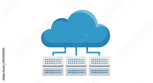 Cloud Computing Data Center Illustration with Rain Over Servers Representing Online Services.