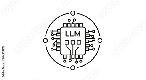 Close-up of a microchip labeled LLM surrounded by circuitry symbolizing advanced artificial intelligence technology.
